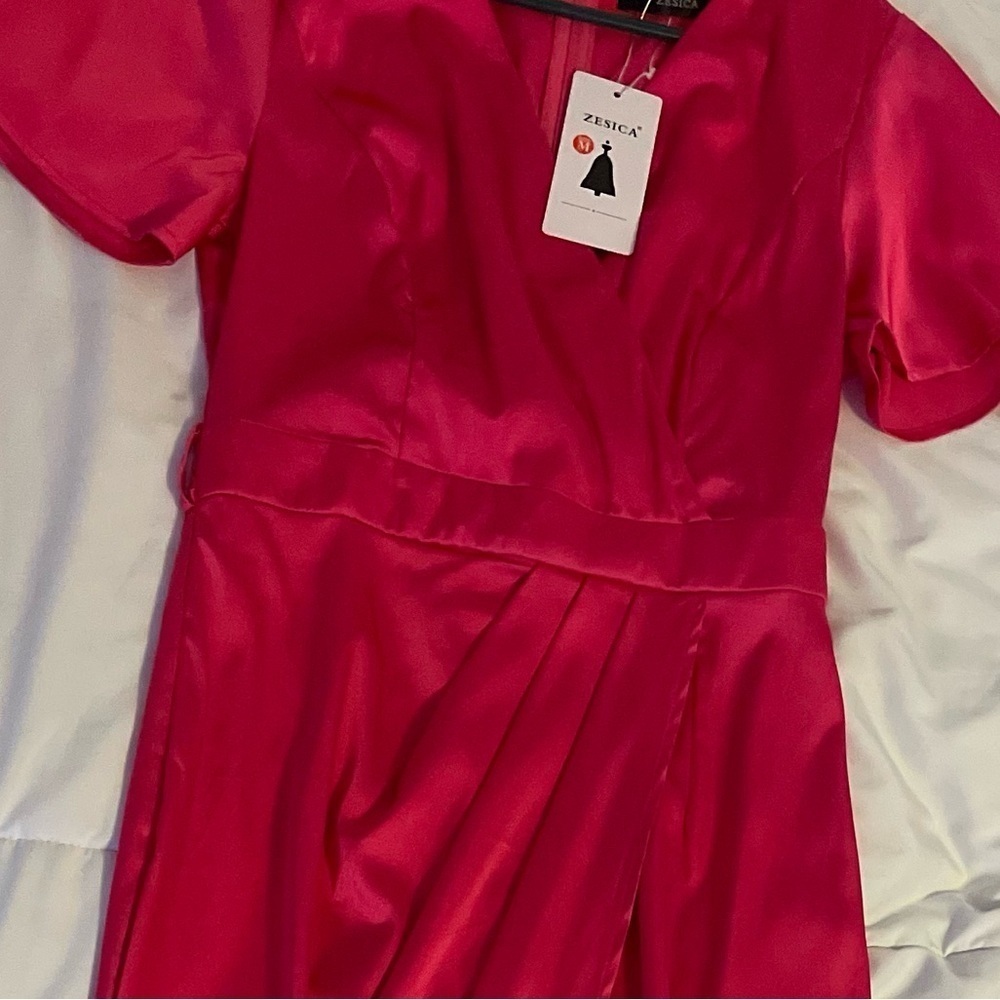 Satin Belted Ruched Slit Midi Dress - Picture 11 of 17